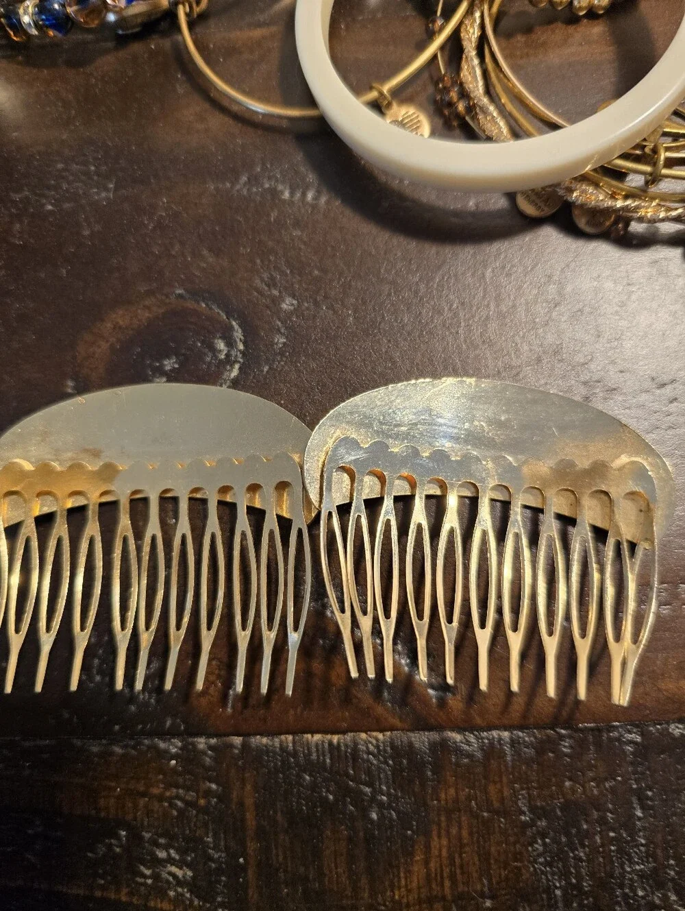 Vintage Cloisonné Enamel Floral Hair Combs Pair Brass Art Nouveau